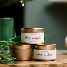 Load image into Gallery viewer, Merry &amp; Bright Holiday Tin Soy Candle
